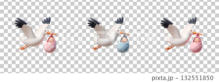 Playful 3d illustration of storks delivering newborn babies wrapped in pink and blue swaddles, floating against transparent background Playful 3d illustration of storks delivering newborn babies wrapped in pink and blue swaddles, floating against transparent background 132551850
