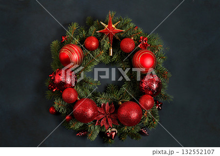 Christmas wreath made of live fir branches, toys and decorations, design template, Christmas composition and New Year 2026 concept, Beautiful holiday decoration, winter banner screen, holiday 132552107