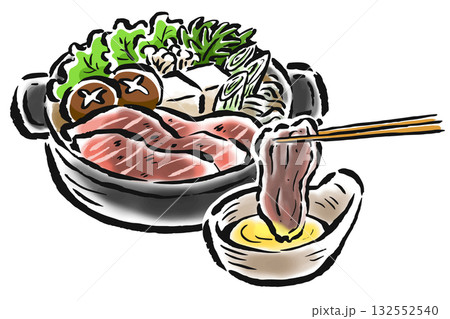 すき焼き　牛肉を箸でつまんで溶き卵につけて食べる　筆タッチ手描きイラスト 132552540