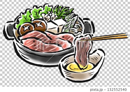 Sukiyaki - beef dipped in beaten egg with chopsticks - hand-drawn illustration 132552540