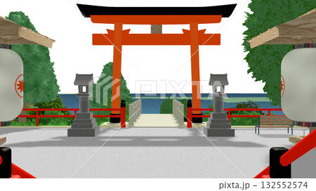 アニメーションの背景に使える PNG素材『海の見える神社』空は透明ですのでご自由にどうぞ 132552574