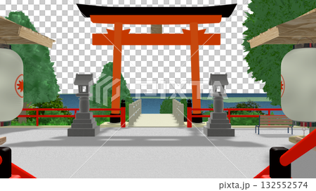 アニメーションの背景に使える PNG素材『海の見える神社』空は透明ですのでご自由にどうぞ 132552574