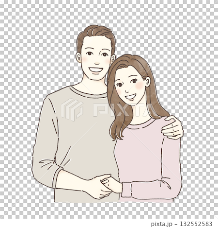 一對情侶親密擁抱的插畫 | 微笑，愛人，情侶，幸福，手繪人物素材 132552583