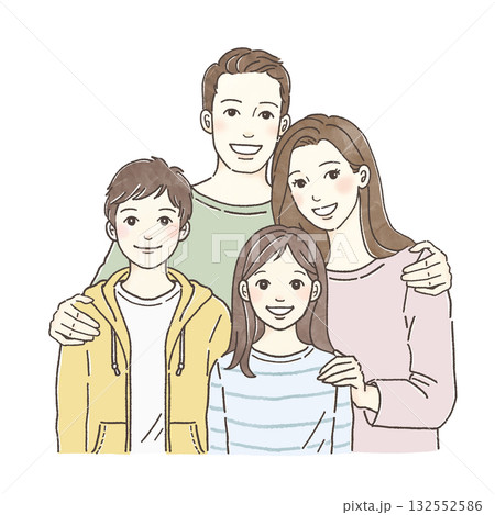 笑顔の四人家族のイラスト｜父母と子供・幸せな家庭・仲良しファミリー・手描き人物素材 132552586