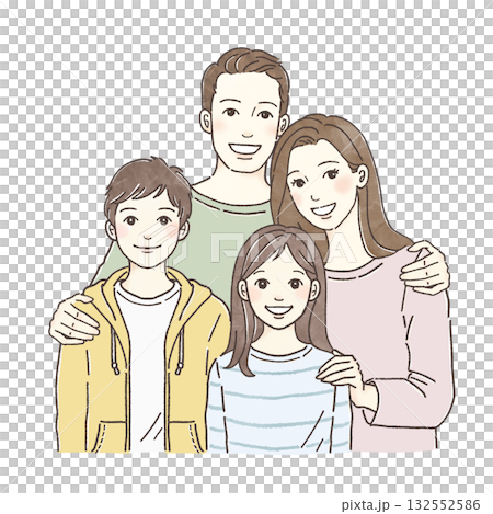 笑顔の四人家族のイラスト｜父母と子供・幸せな家庭・仲良しファミリー・手描き人物素材 132552586