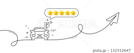 Car parking line icon. Continuous line with share plane. Auto park sign. Transport place symbol. Five star rate review in speech bubble. Parking single line ribbon. Loop curve pattern. Vector 132552647