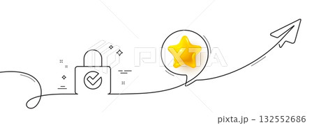 Lock with Check line icon. Continuous line with share plane. Private locker sign. Password encryption symbol. 3d star in speech bubble. Password encryption single line ribbon. Vector 132552686