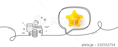 Budget accounting line icon. Continuous line with 3d star. Finance management sign. Business economy symbol. 3d star in speech bubble. Budget accounting single line ribbon. Loop curve pattern. Vector 132552714