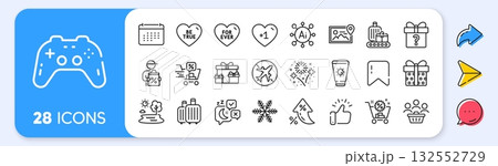Secret gift, Shopping cart and Sunscreen line icons. Interest rate, AI generate, Inflation icons. Pack of Be true, Fireworks, Lake icon. Discounts cart, Sleep, Gamepad pictogram. Vector Secret gift, Shopping cart and Sunscreen line icons. Interest rate, AI generate, Inflation icons. Pack of Be true, Fireworks, Lake icon. Discounts cart, Sleep, Gamepad pictogram. Vector 132552729