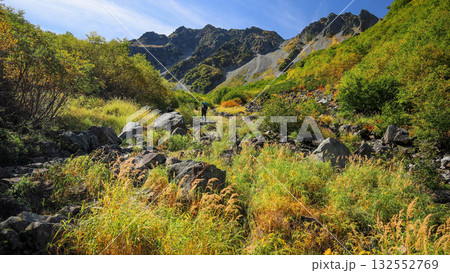 北アルプス 秋の涸沢カールへの道 穂高連峰の絶景 奥穂高岳と涸沢岳 北アルプス 秋の涸沢カールへの道 穂高連峰の絶景 奥穂高岳と涸沢岳 132552769