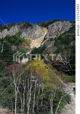 紅葉した樹木と金精峠の山が青空に映える 132552942
