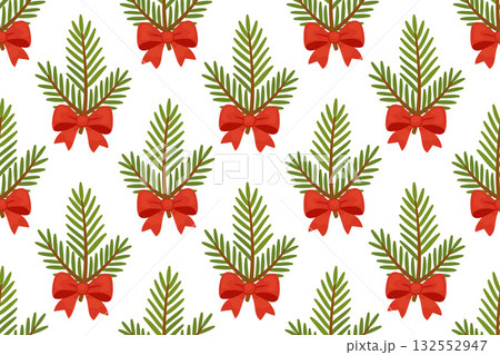 Spruce branches and red bows seamless pattern. flat style holiday illustration 132552947