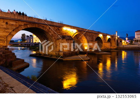 Historic Stone Bridge over Vardar River in Skopje on summer evening Historic Stone Bridge over Vardar River in Skopje on summer evening 132553065