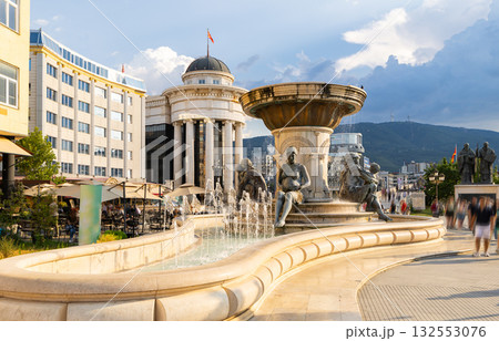 Central Skopje square with sculpted Olympia fountain in summer Central Skopje square with sculpted Olympia fountain in summer 132553076