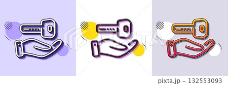 Buying house line icon. Halftone dotted pattern. Gradient icon with grain shadow. New home key sign. Rent property symbol. Line buying house icon. Various designs. Vector 132553093