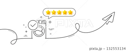 Washing machine line icon. Continuous line with share plane. Wash laundry sign. Washable cleaner symbol. Five star rate review in speech bubble. Washing machine single line ribbon. Vector 132553134