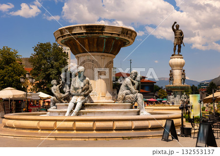 Central Skopje square with sculpted Olympia fountain in summer 132553137