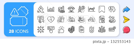 Report diagram, Loyalty star and Diamond line icons. Interest rate, AI generate, Inflation icons. Pack of Budget, Sale gift, Pay icon. Stock analysis, Inflation, Loyalty gift pictogram. Vector 132553143