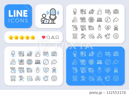 Travel loan, Swipe up and Pound money line icons for web app. Message, Share, Like social media icons. Pack of Web analytics, Mortgage, Calendar pictogram icons. Vector 132553178