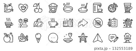 Love coffee, Cherry and No burger line icons pack. Share, Message, Paper plane icons. Coffee machine, Vegetables, Food delivery web icon. Frappe, Porridge, Gas grill pictogram. Vector 132553189