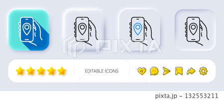 Location app line icon. Neumorphic, Flat shadow, 3d buttons. Hand hold phone sign. Cellphone with screen notification symbol. Line location app icon. Social media icons. Vector Location app line icon. Neumorphic, Flat shadow, 3d buttons. Hand hold phone sign. Cellphone with screen notification symbol. Line location app icon. Social media icons. Vector 132553211