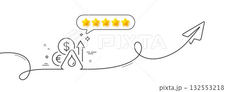 Fuel prices line icon. Continuous line with share plane. Petrol price sign. Diesel rate symbol. Five star rate review in speech bubble. Fuel price single line ribbon. Loop curve pattern. Vector 132553218