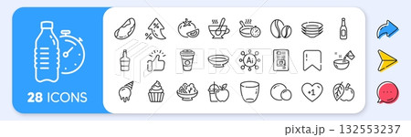 Takeaway coffee, Beer and Scotch bottle line icons. Interest rate, AI generate, Inflation icons. Pack of Coffee beans, Glass, Ice cream icon. Cooking water, Fitness water, Tea cup pictogram. Vector 132553237