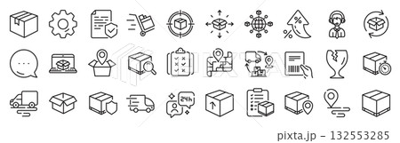 Logistics, Shipping document line icons. Settings gear, Message, Inflation icons. Set of Truck Delivery, Box and Checklist icons. Parcel tracking shipping, World trade logistics. Vector Logistics, Shipping document line icons. Settings gear, Message, Inflation icons. Set of Truck Delivery, Box and Checklist icons. Parcel tracking shipping, World trade logistics. Vector 132553285