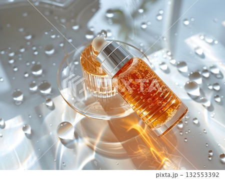 Golden serum in a glass dropper bottle with bubbles, water drops and bright reflections. Minimal luxury beauty concept 132553392