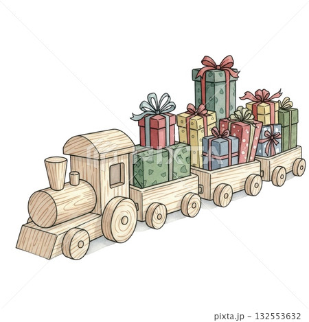 Wooden toy train carrying wrapped gifts with bows on white background 132553632