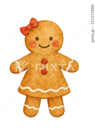 Smiling gingerbread cookie with red bow - cute holiday decoration 132553660