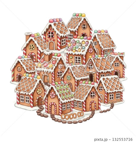 Whimsical gingerbread village with frosted roofs and candy accents 132553716