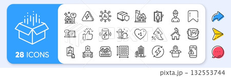 Toolbox, Square area and Lightning bolt line icons. Interest rate, AI generate, Inflation icons. Pack of Renewable power, Open box, New house icon. Vector 132553744