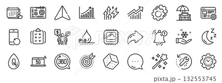 Moon, Waterproof and Accounting line icons pack. Share, Message, Paper plane icons. Magic wand, Dice, Motherboard web icon. Cloud computing, Demand curve, Reminder pictogram. Vector 132553745