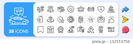 Vip line icons. Interest rate, AI generate, Inflation icons. Casino chips, very important person, delivery parcel. Certificate, player table, vip buyer icons. Vector 132553750
