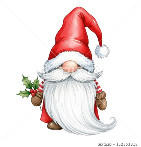Festive christmas gnome with holly and long white beard in red hat on white background Festive christmas gnome with holly and long white beard in red hat on white background 132553815