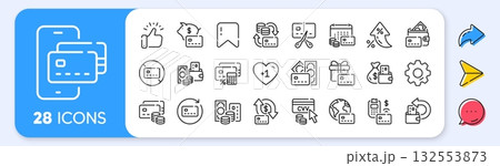 Credit card line icons. Interest rate, AI generate, Inflation icons. Payment card terminal, bankrupt and contactless pay set. Bank atm exchange, cut credit card and CVV code line icons. Vector 132553873