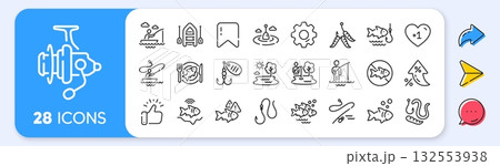 Fishing line icons. Interest rate, AI generate, Inflation icons. Inflatable boat, Worms or Maggot bait and Fishing rod set. Float bobber, echo sounder and hook with worms line icons. Vector 132553938