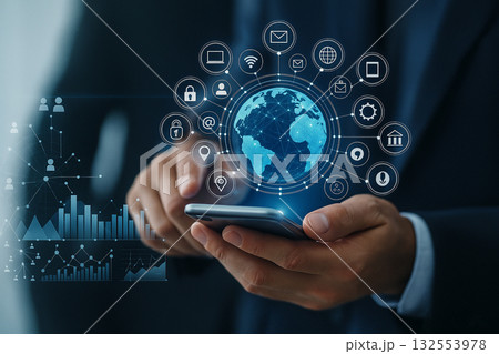AI generated realistic image of hands holding smartphone with glowing digital icons and data charts symbolizing business communication fintech security innovation and global connectivity AI generated realistic image of hands holding smartphone with glowing digital icons and data charts symbolizing business communication fintech security innovation and global connectivity 132553978