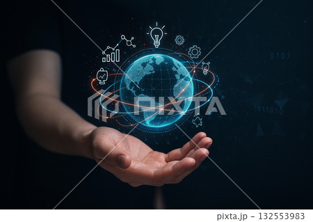 AI generated concept of a glowing digital earth with orbit lines and technology icons symbolizing communication data processing and future global innovation 132553983