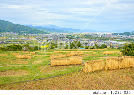 稲架掛けの風景と眼下に広がる善光寺平【姨捨の棚田】 132554029