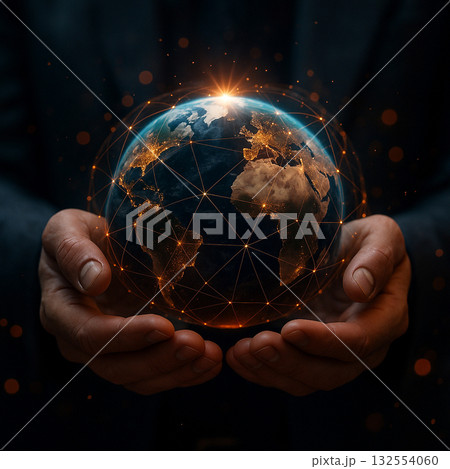 AI generated ultra realistic digital art of human hands holding a glowing earth with luminous network light symbolizing global connection innovation creativity and future vision 132554060