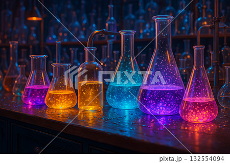 AI generated ultra realistic fantasy science lab scene with glowing colorful liquids in glass flasks symbolizing creativity discovery and inspiration in research and imagination 132554094