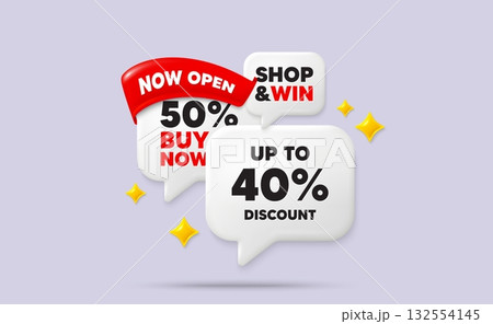 Discount tag speech bubbles. Now open flag ribbon. Up to 40 percent discount. Sale offer price sign. Special offer symbol. Save 40 percentages. Discount chat bubbles with 3d sparkles. Vector Discount tag speech bubbles. Now open flag ribbon. Up to 40 percent discount. Sale offer price sign. Special offer symbol. Save 40 percentages. Discount chat bubbles with 3d sparkles. Vector 132554145