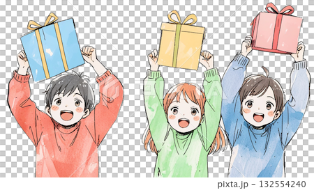 三個快樂的孩子手捧禮物（微笑，手繪插圖） 132554240