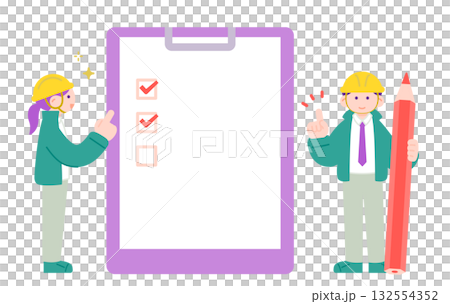 身穿工作服、頭戴安全帽的男女正在檢查文件 132554352