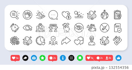 Pandemic vaccine, Donation and Difficult stress line icons pack. Social media: share, comment, like icons. Chlorine mineral, Blood, Skin condition web icon. Vector 132554356
