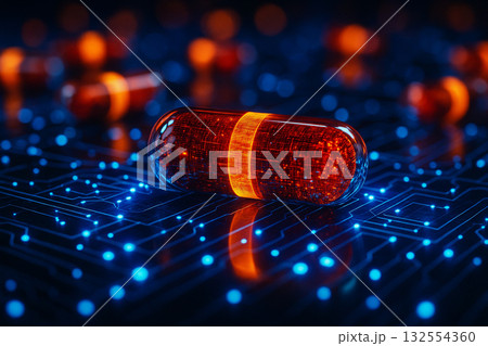 AI generated scene of a glowing red orange capsule on a futuristic blue digital circuit network symbolizing smart pharmaceutical innovation medical technology and future healthcare 132554360