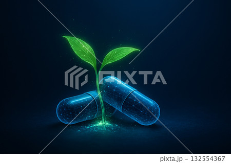 AI generated conceptual artwork blending futuristic medical innovation with green growth elements showing glowing digital capsules and sprouting seedling symbolizing sustainable healthcare technology AI generated conceptual artwork blending futuristic medical innovation with green growth elements showing glowing digital capsules and sprouting seedling symbolizing sustainable healthcare technology 132554367