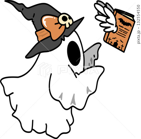Retro Groovy Halloween Ghost with Witch Hat and Spellbook Illustration 132554550
